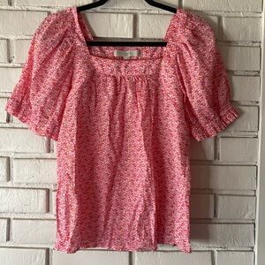 Loft pink floral square neck puff sleeve blouse